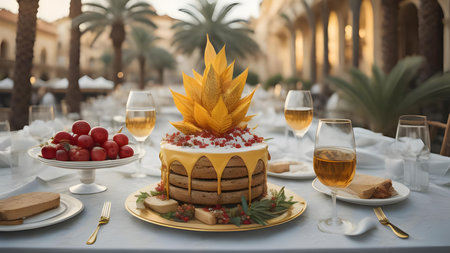 Beautiful wedding cake on the table in a restaurant. generative aiの素材