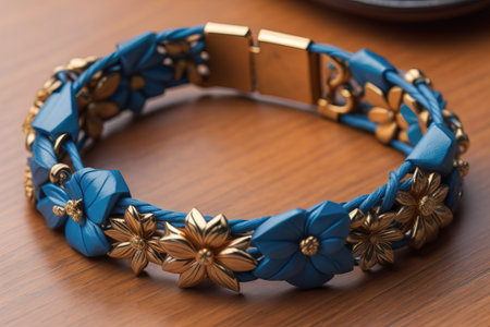 Blue Bracelet on a wooden background, close-up. generative aiの素材