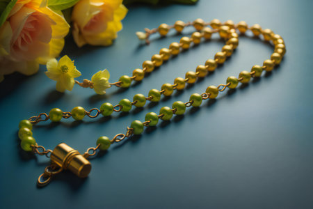Buddhist prayer beads with flowers on blue background. Selective focus. generative aiの素材