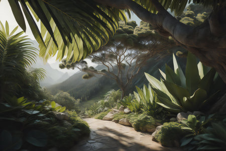 beautiful tropical garden in the morning, vintage tone and soft focus. generative aiの素材
