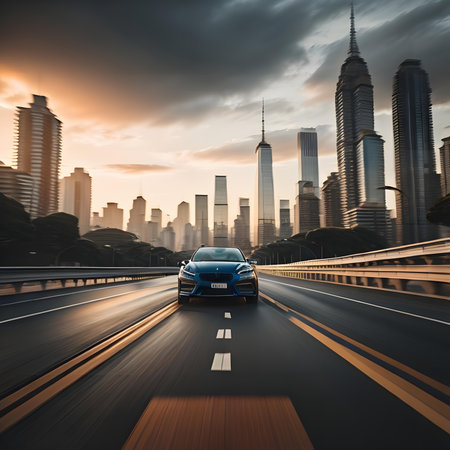 car on the road with city background. generative aiの素材