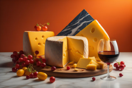 Cheese collection, French Gouda cheese served with red wine. generative aiの素材