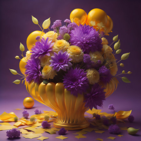 Bouquet of flowers in a golden vase on a purple background. generative aiの素材