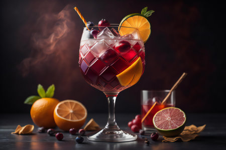 Cocktail with cranberries, oranges and mint on dark background. generative aiの素材