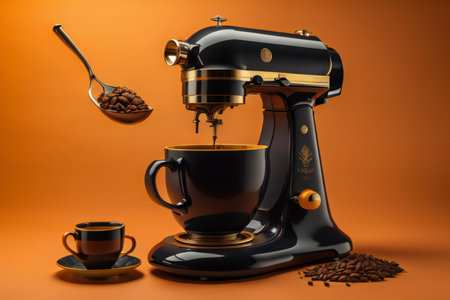 Coffee machine with cup of coffee and beans on orange background. generative aiの素材