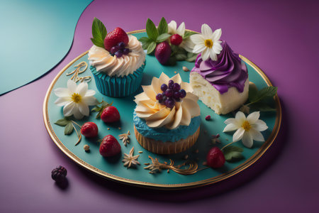 Cupcakes decorated with fresh berries and flowers on a purple background. generative aiの素材