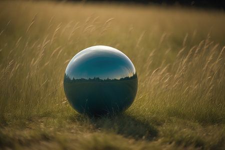 Crystal ball on the grass in the field at sunset. generative aiの素材