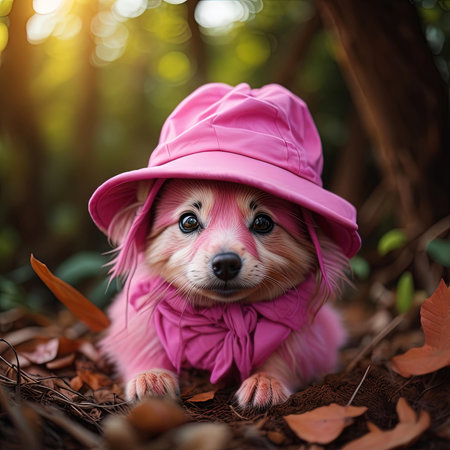 Cute Pomeranian dog wearing pink hat and coat in autumn forest. generative aiの素材