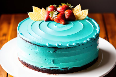 Delicious birthday cake with cream and fresh strawberries on a wooden table. generative aiの素材