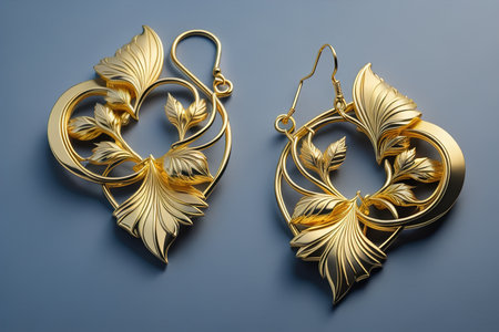 Elegant gold earrings on a blue background. generative aiの素材