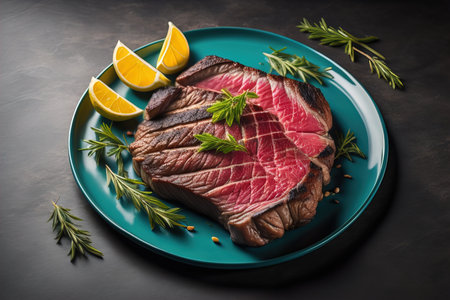 Raw beef sirloin steak with ingredients for cooking on wooden background. ai generativeの素材