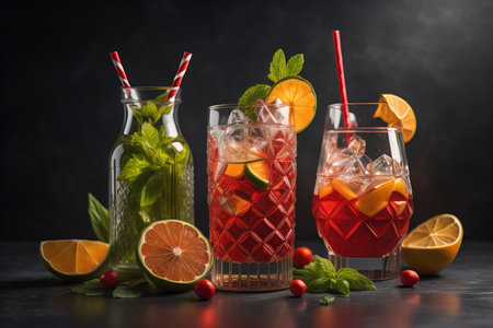 Glasses of sangria with fruits and berries on solid color background. ai generativeの素材