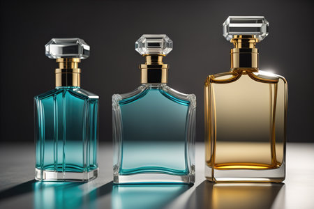 Creative and brandless Perfume bottle and flower on the wooden table, closeup. ai generativeの素材