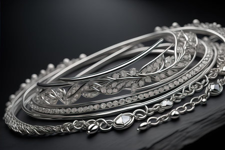 Silver necklace on a solid color background in close-up. ai generativeの素材