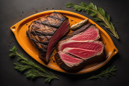Raw beef sirloin steak with ingredients for cooking on wooden background. ai generativeの素材