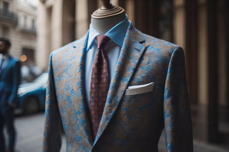Stylish suits on mannequins on solid color background, closeup. ai generativeの素材