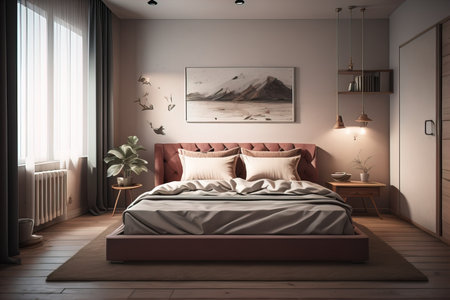 Modern bedroom interior design with gray walls, wooden floor, comfortable king size bed with two pillows. ai generativeの素材