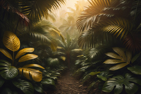 A pathway in tropical rainforest with palm trees and path in the mist. ai generativeの素材