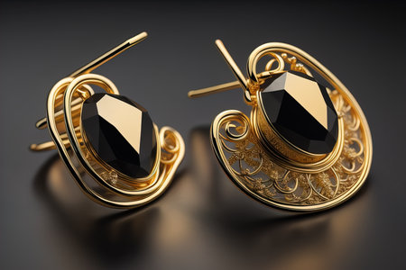 Earrings made of gold on a solid color background close up. ai generativeの素材