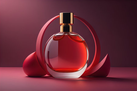 Creative and brandless Perfume bottle and flower on the wooden table, closeup. ai generativeの素材
