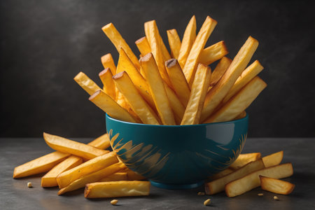 French fries in a bowl on red background. Selective focus. ai generativeの素材