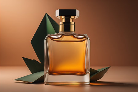 Creative and brandless Perfume bottle and flower on the wooden table, closeup. ai generativeの素材