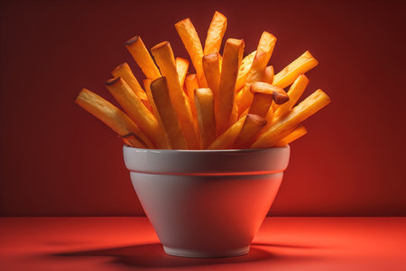 French fries in a bowl on red background. Selective focus. ai generativeの素材