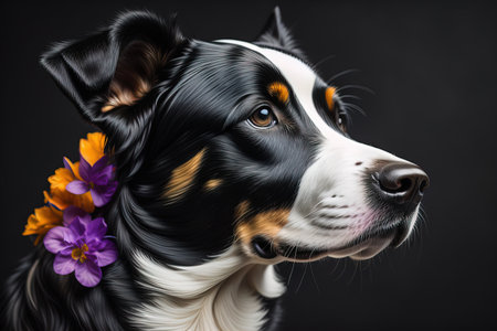 Portrait of a cute dog on a colorful background. Studio shot. ai generativeの素材