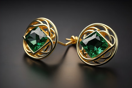 Earrings made of gold on a solid color background close up. ai generativeの素材