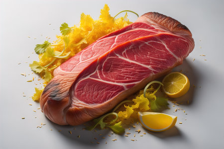 Raw beef sirloin steak with ingredients for cooking on wooden background. ai generativeの素材
