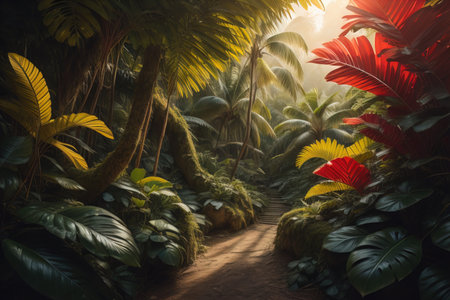 A pathway in tropical rainforest with palm trees and path in the mist. ai generativeの素材