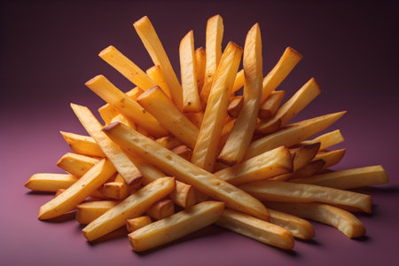 Appetizing french fries on the wooden table, close-upの素材