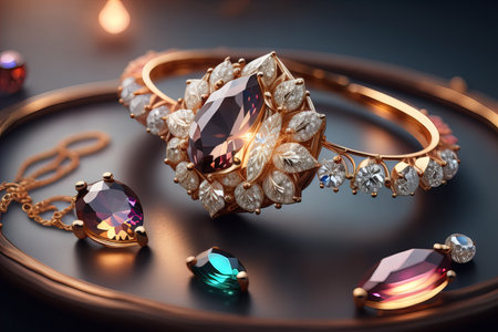 Wedding ring with diamonds on a solid color background. Jewelry. ai generativeの素材