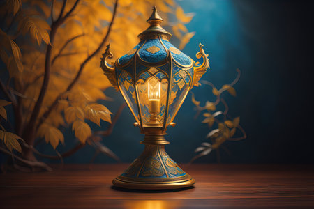 Lantern on a wooden table and a dark background. ai generativeの素材