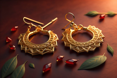 Earrings made of gold on a solid color background close up. ai generativeの素材