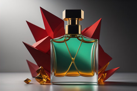 Creative and brandless Perfume bottle and flower on the wooden table, closeup. ai generativeの素材