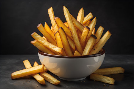 French fries in a bowl on red background. Selective focus. ai generativeの素材