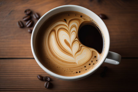 Coffee cup and coffee beans on a wooden table, top view. ai generativeの素材
