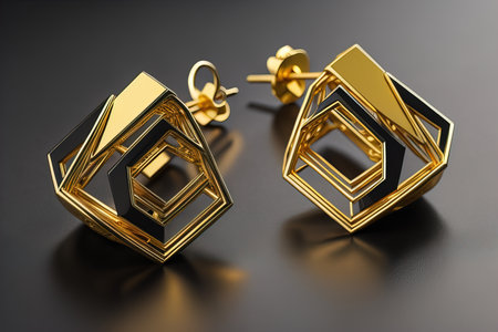 Earrings made of gold on a solid color background close up. ai generativeの素材