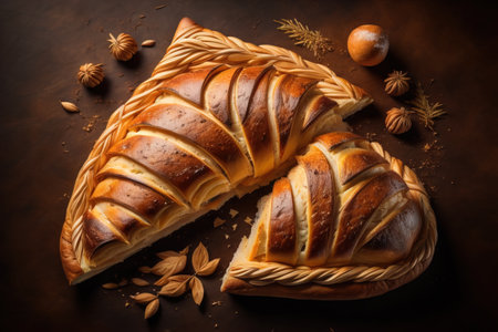 Freshly baked sweet buns on a red background. Toned. ai generativeの素材