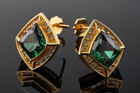Earrings made of gold on a solid color background close up. ai generativeの素材