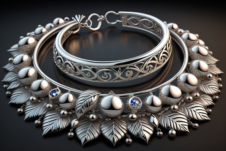 Silver necklace on a solid color background in close-up. ai generativeの素材