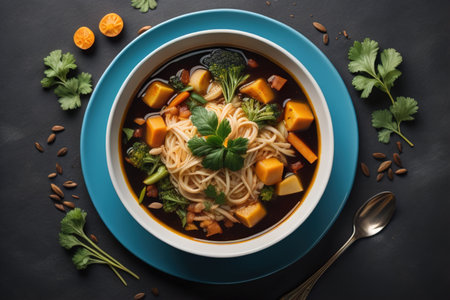 Vegetable soup in a bowl on wooden background. ai generativeの素材