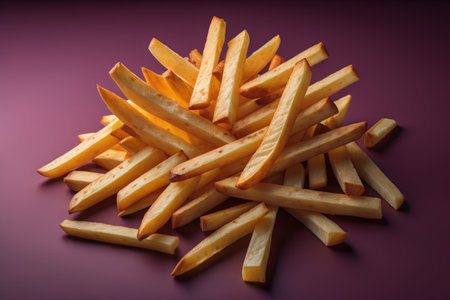 Appetizing french fries on the wooden table, close-upの素材