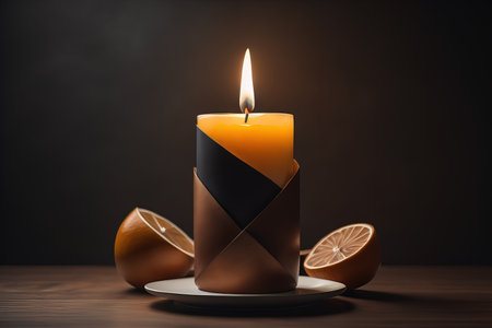 Creative burning candle on a wooden background. ai generativeの素材