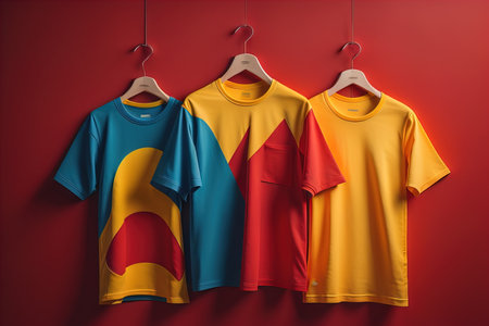 Colorful t-shirts in front of dark background. ai generativeの素材