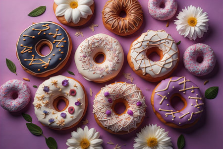 Variety of donuts on a solid color background. Top view. ai generativeの素材