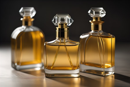 Creative and brandless Perfume bottle and flower on the wooden table, closeup. ai generativeの素材