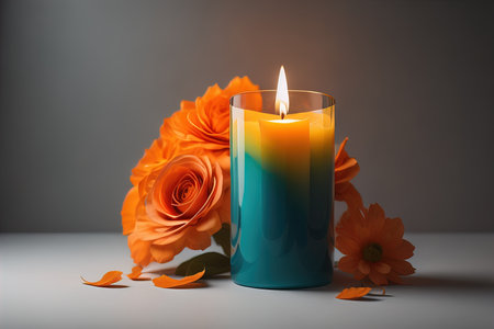 Burning aroma candle on wooden table against solid color background, copyspace. ai generativeの素材