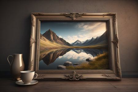 Wooden picture frame on the table. ai generativeの素材